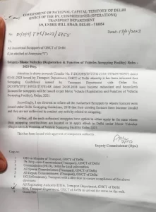 दिल्ली परिवहन विभाग द्वारा 2018 नियम के तहत दी गई सभी स्क्रैप डीलरो की मान्यता 19 जनवरी 2023 को किए रद्द,